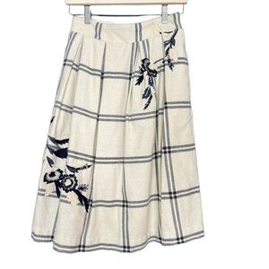 Anthropologie Vineet Bahl Skirt Womens XS Cream Midi Plaid Embroider Boho Preppy